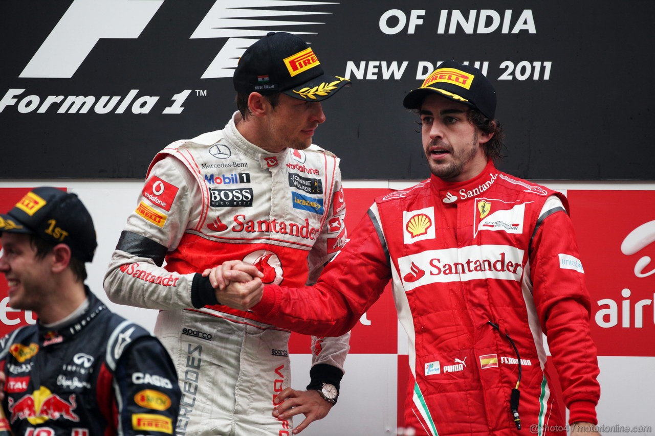 GP INDIA, Podium � 1st Sebastian Vettel (GER), Red Bull Racing, 2nd Jenson Button (GBR), McLaren Mercedes, 3rd Fernando Alonso (ESP), Ferrari & Adrian Newey (GBR), Red Bull Racing, Technical Operations Director