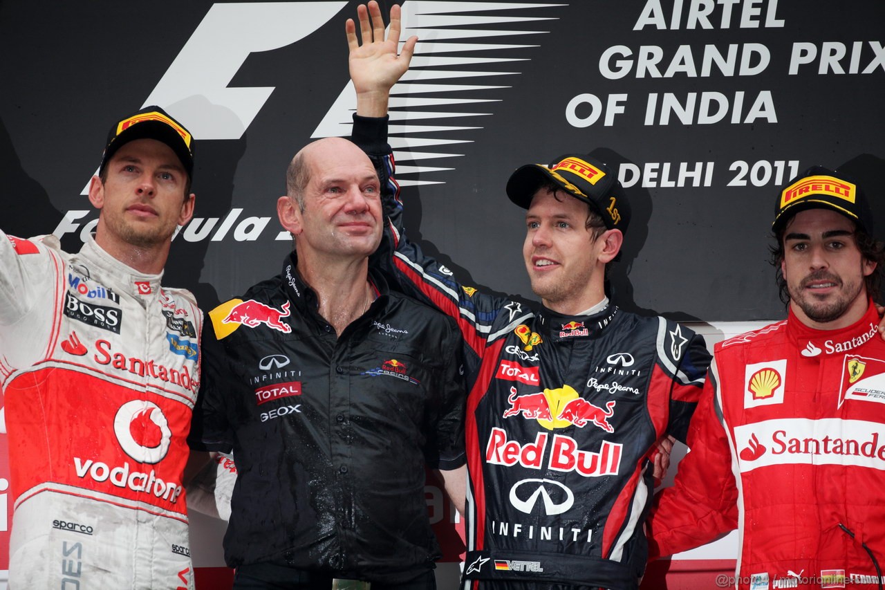 GP INDIA, Podium � 1st Sebastian Vettel (GER), Red Bull Racing, 2nd Jenson Button (GBR), McLaren Mercedes, 3rd Fernando Alonso (ESP), Ferrari & Adrian Newey (GBR), Red Bull Racing, Technical Operations Director