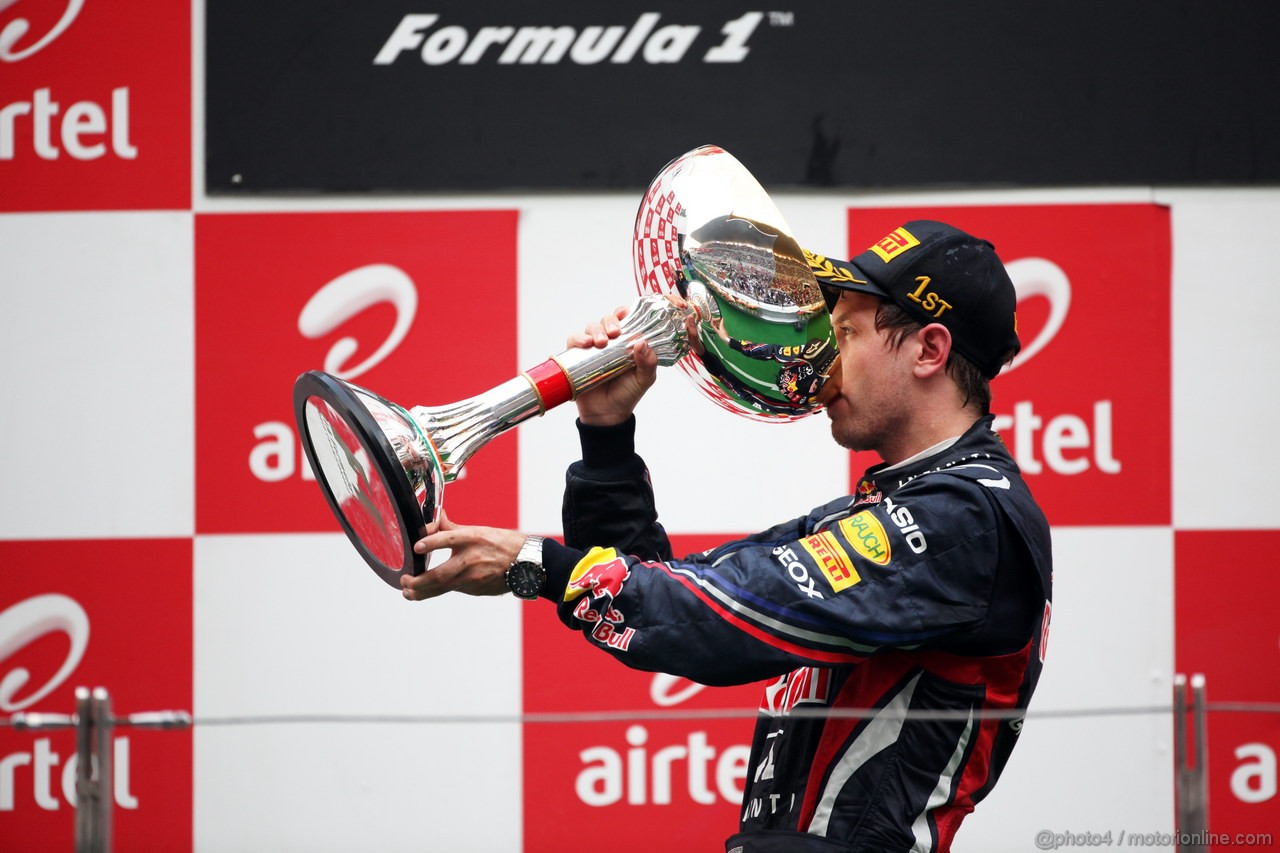GP INDIA, Podium � 1st Sebastian Vettel (GER), Red Bull Racing, 2nd Jenson Button (GBR), McLaren Mercedes, 3rd Fernando Alonso (ESP), Ferrari & Adrian Newey (GBR), Red Bull Racing, Technical Operations Director