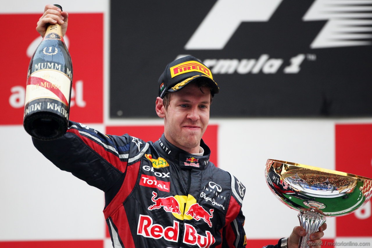GP INDIA, Podium � 1st Sebastian Vettel (GER), Red Bull Racing, 2nd Jenson Button (GBR), McLaren Mercedes, 3rd Fernando Alonso (ESP), Ferrari & Adrian Newey (GBR), Red Bull Racing, Technical Operations Director