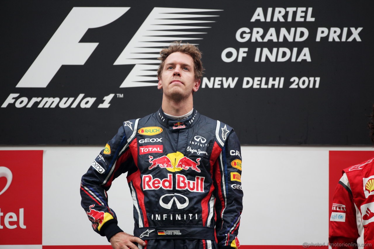 GP INDIA, Podium � 1st Sebastian Vettel (GER), Red Bull Racing, 2nd Jenson Button (GBR), McLaren Mercedes, 3rd Fernando Alonso (ESP), Ferrari & Adrian Newey (GBR), Red Bull Racing, Technical Operations Director