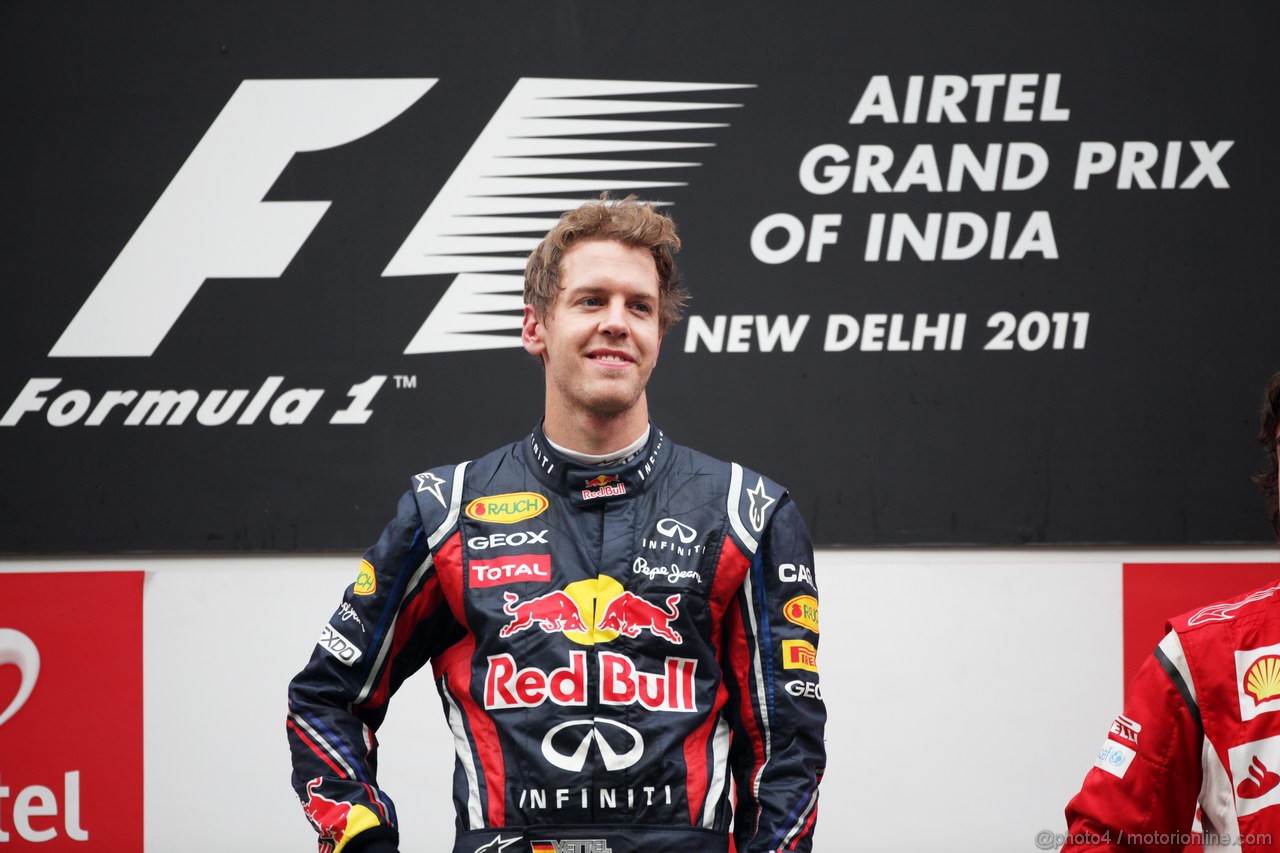 GP INDIA, Podium � 1st Sebastian Vettel (GER), Red Bull Racing, 2nd Jenson Button (GBR), McLaren Mercedes, 3rd Fernando Alonso (ESP), Ferrari & Adrian Newey (GBR), Red Bull Racing, Technical Operations Director