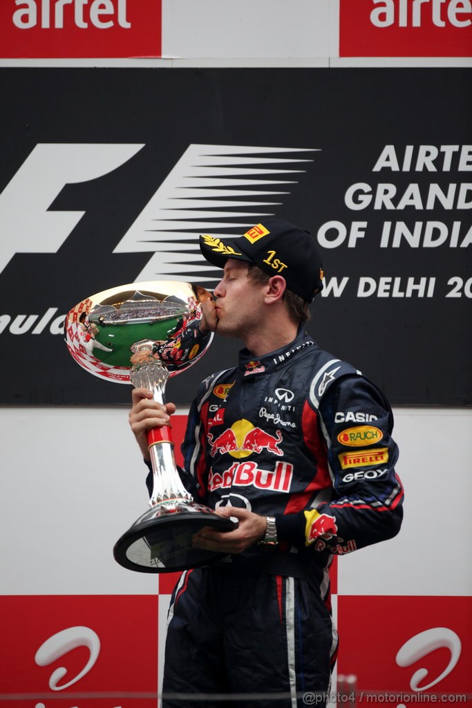 GP INDIA, Podium � 1st Sebastian Vettel (GER), Red Bull Racing, 2nd Jenson Button (GBR), McLaren Mercedes, 3rd Fernando Alonso (ESP), Ferrari & Adrian Newey (GBR), Red Bull Racing, Technical Operations Director