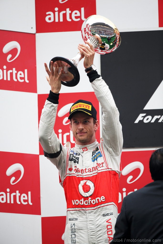 GP INDIA, Podium � 1st Sebastian Vettel (GER), Red Bull Racing, 2nd Jenson Button (GBR), McLaren Mercedes, 3rd Fernando Alonso (ESP), Ferrari & Adrian Newey (GBR), Red Bull Racing, Technical Operations Director