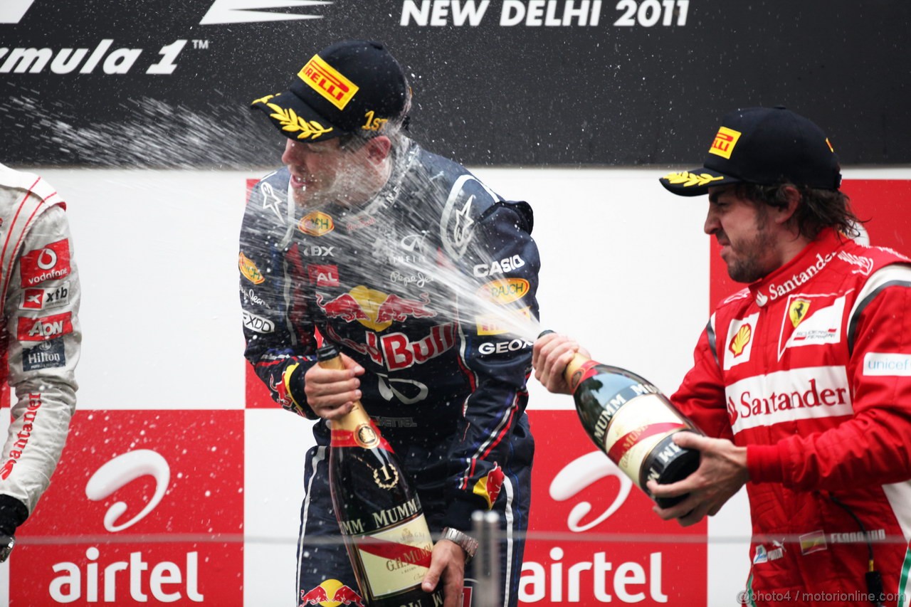 GP INDIA, Podium � 1st Sebastian Vettel (GER), Red Bull Racing, 2nd Jenson Button (GBR), McLaren Mercedes, 3rd Fernando Alonso (ESP), Ferrari & Adrian Newey (GBR), Red Bull Racing, Technical Operations Director