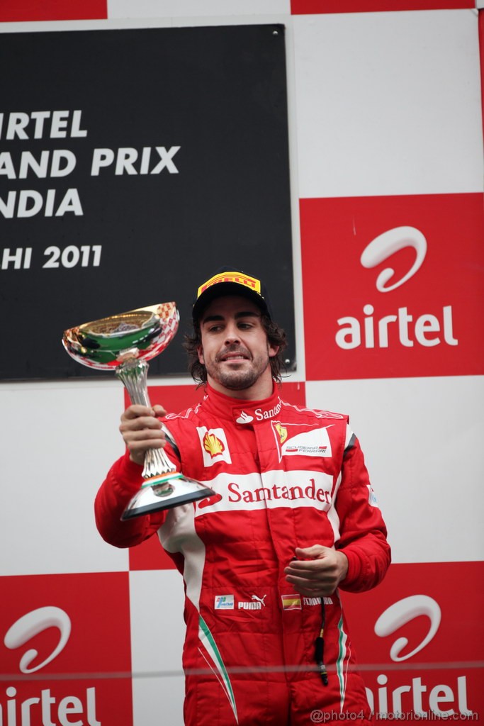 GP INDIA, Podium � 1st Sebastian Vettel (GER), Red Bull Racing, 2nd Jenson Button (GBR), McLaren Mercedes, 3rd Fernando Alonso (ESP), Ferrari & Adrian Newey (GBR), Red Bull Racing, Technical Operations Director