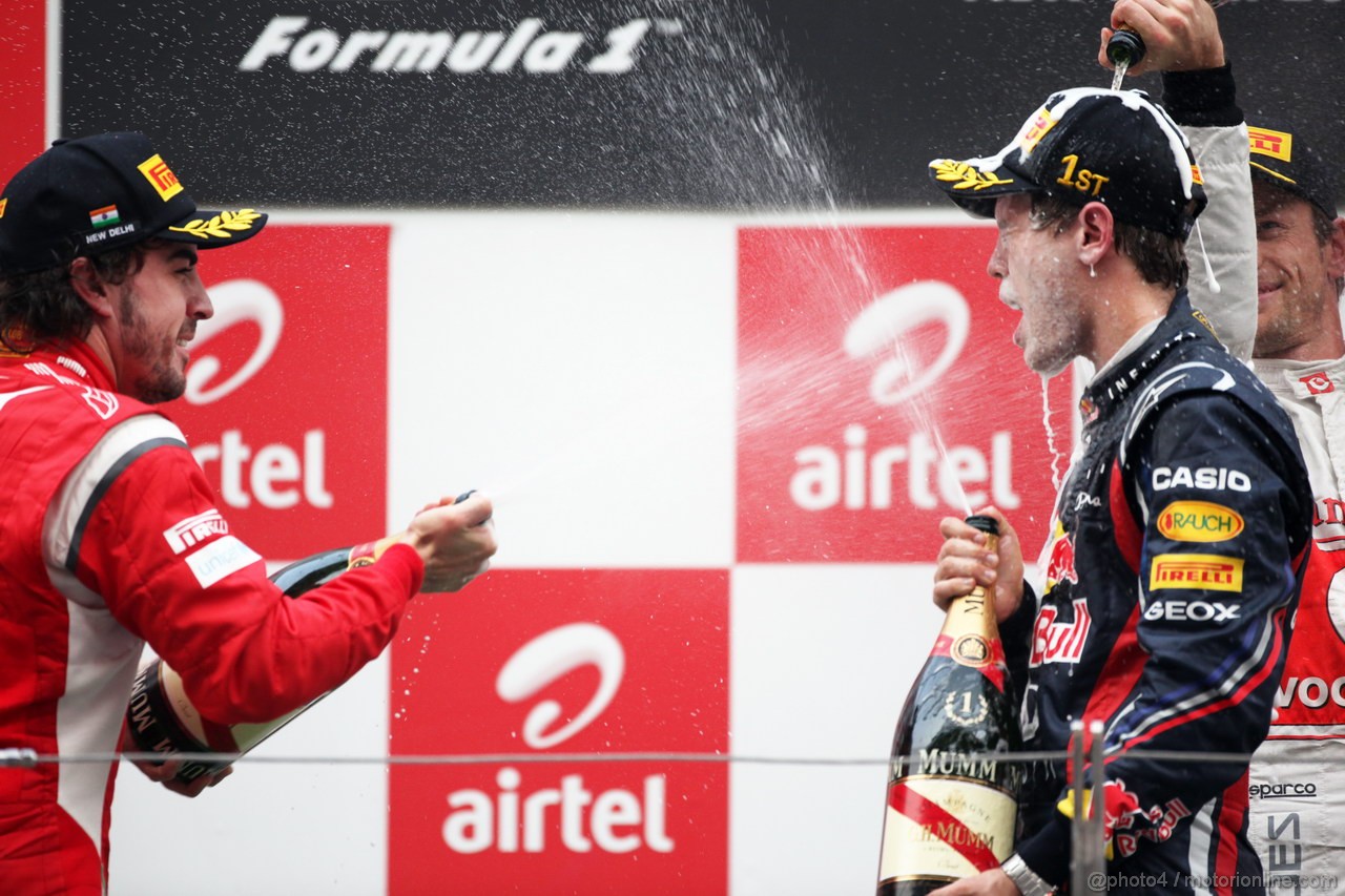 GP INDIA, Podium � 1st Sebastian Vettel (GER), Red Bull Racing, 2nd Jenson Button (GBR), McLaren Mercedes, 3rd Fernando Alonso (ESP), Ferrari & Adrian Newey (GBR), Red Bull Racing, Technical Operations Director