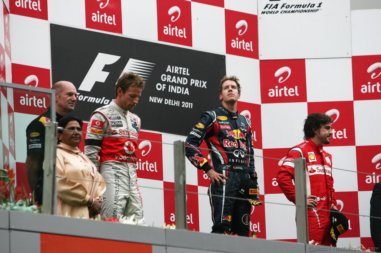 GP INDIA, Podium � 1st Sebastian Vettel (GER), Red Bull Racing, 2nd Jenson Button (GBR), McLaren Mercedes, 3rd Fernando Alonso (ESP), Ferrari & Adrian Newey (GBR), Red Bull Racing, Technical Operations Director