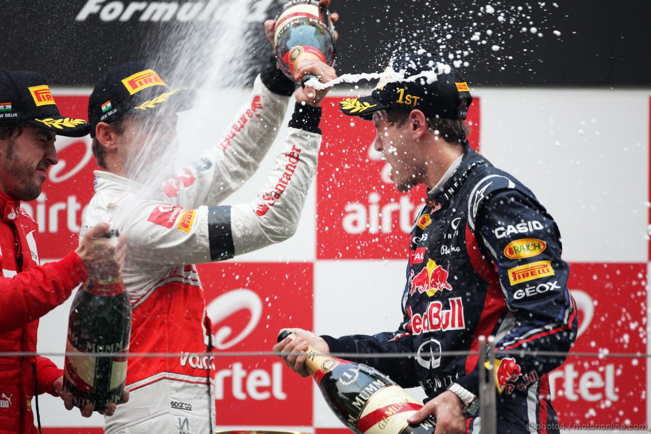 GP INDIA, Podium � 1st Sebastian Vettel (GER), Red Bull Racing, 2nd Jenson Button (GBR), McLaren Mercedes, 3rd Fernando Alonso (ESP), Ferrari & Adrian Newey (GBR), Red Bull Racing, Technical Operations Director