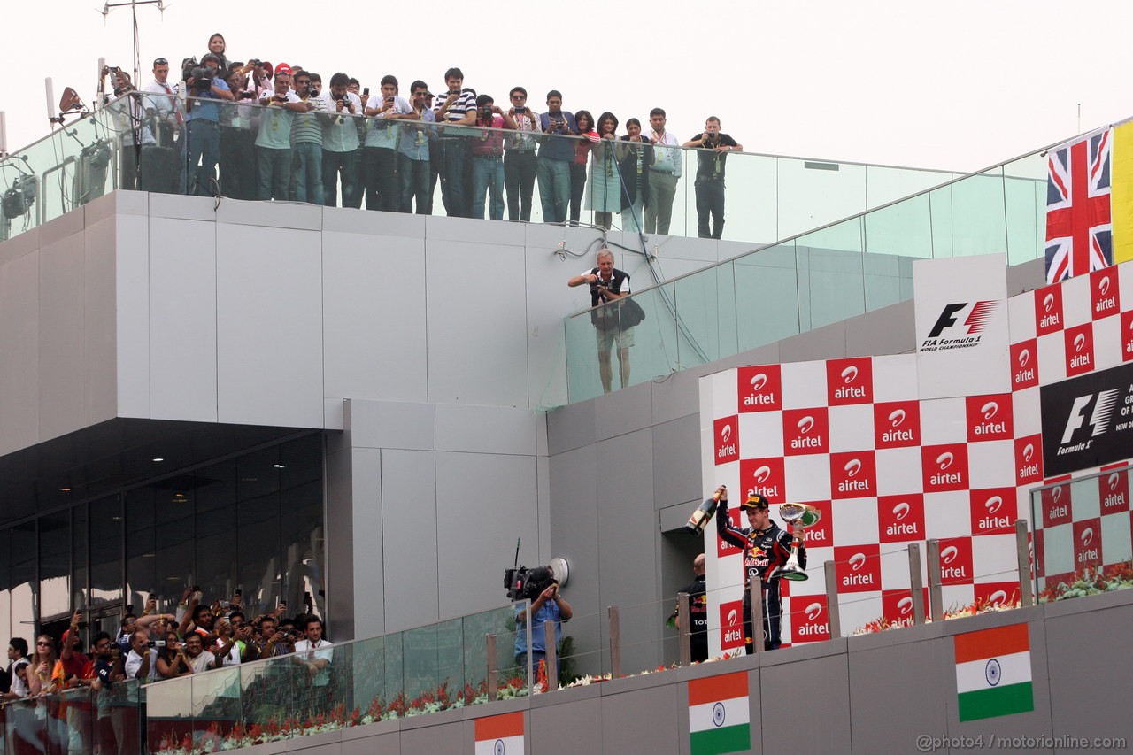 GP INDIA, Podium � 1st Sebastian Vettel (GER), Red Bull Racing, 2nd Jenson Button (GBR), McLaren Mercedes, 3rd Fernando Alonso (ESP), Ferrari & Adrian Newey (GBR), Red Bull Racing, Technical Operations Director