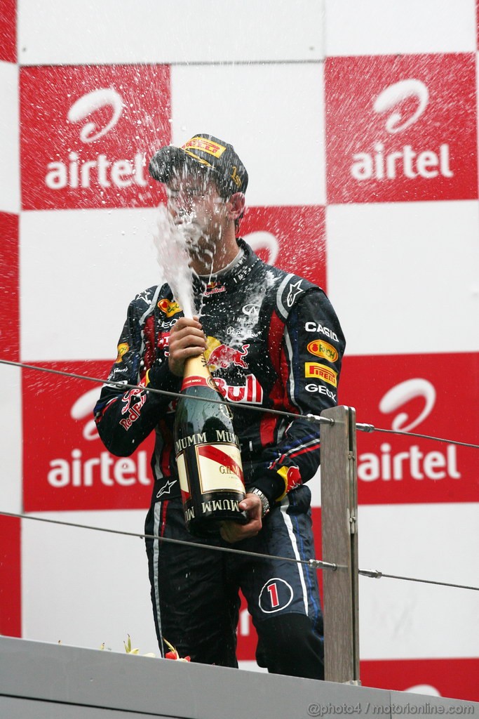 GP INDIA, Podium � 1st Sebastian Vettel (GER), Red Bull Racing, 2nd Jenson Button (GBR), McLaren Mercedes, 3rd Fernando Alonso (ESP), Ferrari & Adrian Newey (GBR), Red Bull Racing, Technical Operations Director