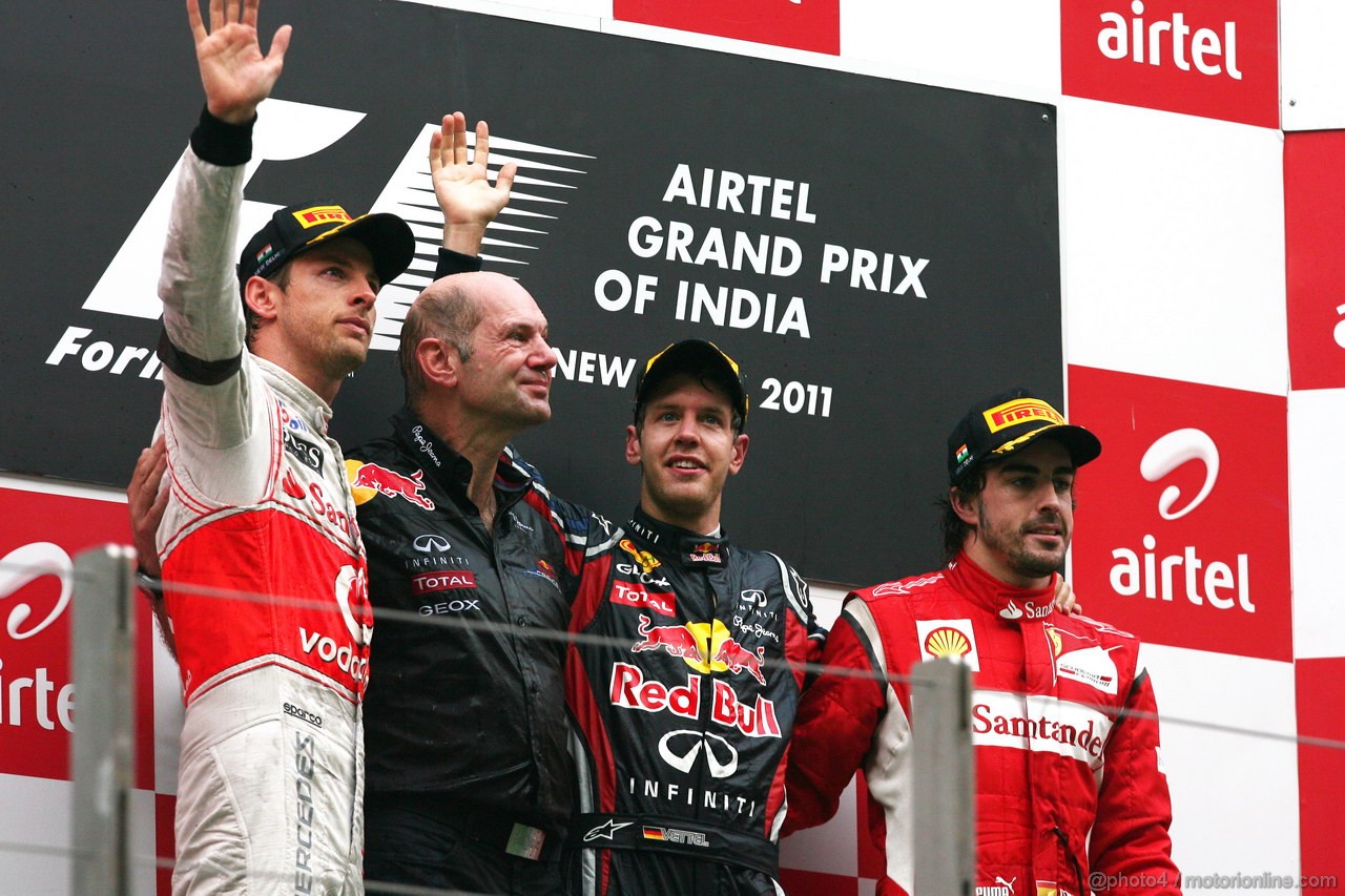 GP INDIA, Podium � 1st Sebastian Vettel (GER), Red Bull Racing, 2nd Jenson Button (GBR), McLaren Mercedes, 3rd Fernando Alonso (ESP), Ferrari & Adrian Newey (GBR), Red Bull Racing, Technical Operations Director