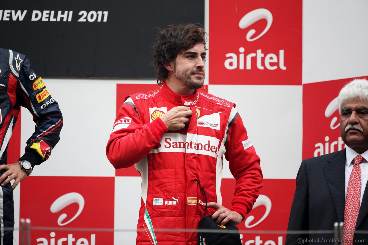 GP INDIA, Podium � 1st Sebastian Vettel (GER), Red Bull Racing, 2nd Jenson Button (GBR), McLaren Mercedes, 3rd Fernando Alonso (ESP), Ferrari & Adrian Newey (GBR), Red Bull Racing, Technical Operations Director