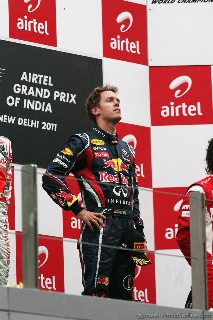 GP INDIA, Podium � 1st Sebastian Vettel (GER), Red Bull Racing, 2nd Jenson Button (GBR), McLaren Mercedes, 3rd Fernando Alonso (ESP), Ferrari & Adrian Newey (GBR), Red Bull Racing, Technical Operations Director