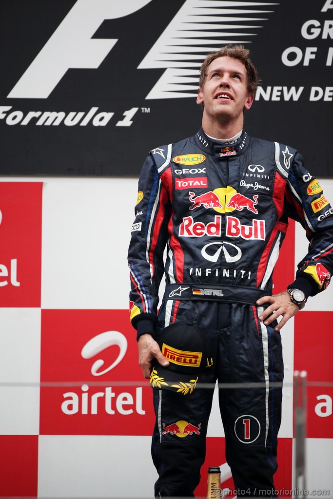 GP INDIA, Podium – 1st Sebastian Vettel (GER), Red Bull Racing, 2nd Jenson Button (GBR), McLaren Mercedes, 3rd Fernando Alonso (ESP), Ferrari & Adrian Newey (GBR), Red Bull Racing, Technical Operations Director