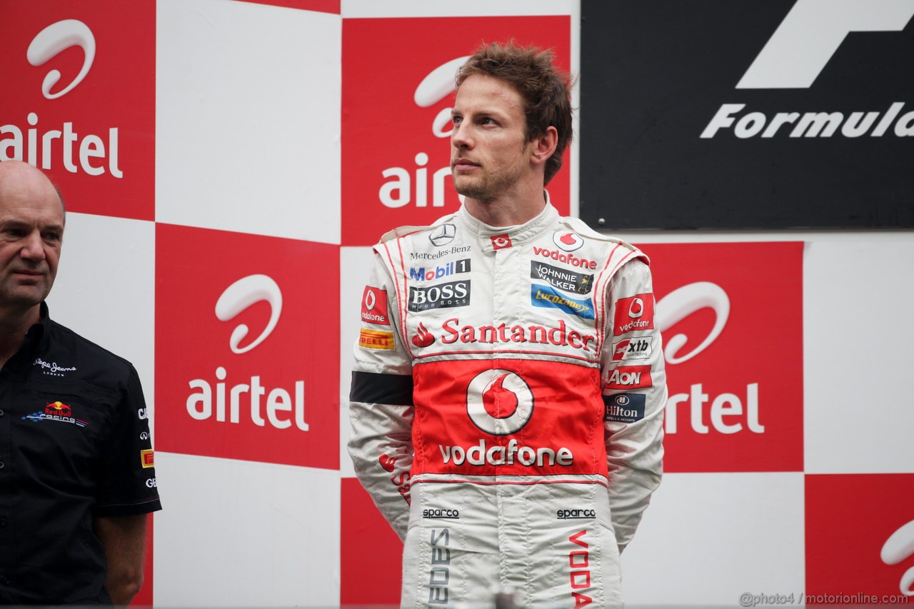 GP INDIA, Podium � 1st Sebastian Vettel (GER), Red Bull Racing, 2nd Jenson Button (GBR), McLaren Mercedes, 3rd Fernando Alonso (ESP), Ferrari & Adrian Newey (GBR), Red Bull Racing, Technical Operations Director