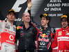 GP INDIA, Podium � 1st Sebastian Vettel (GER), Red Bull Racing, 2nd Jenson Button (GBR), McLaren Mercedes, 3rd Fernando Alonso (ESP), Ferrari & Adrian Newey (GBR), Red Bull Racing, Technical Operations Director