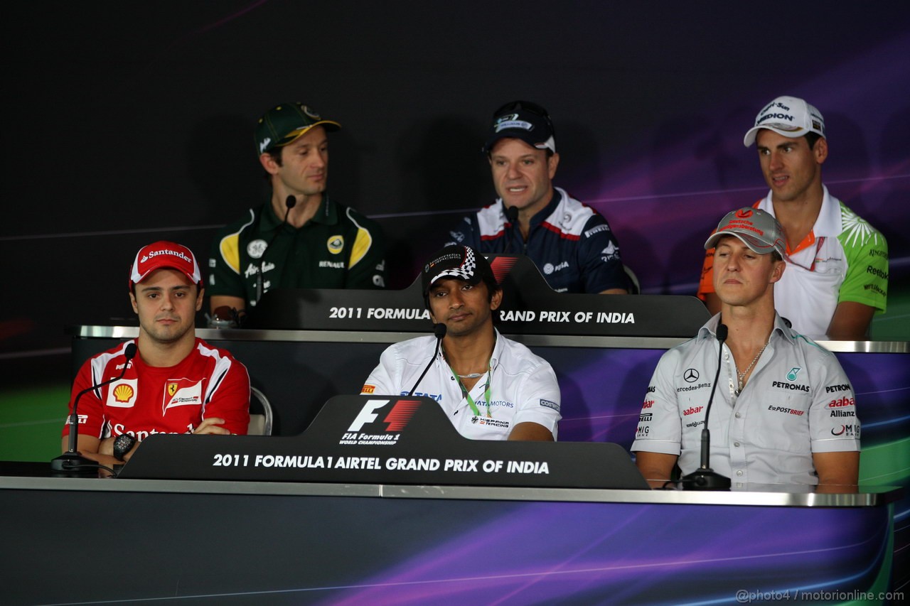 GP INDIA, FIA Press Conference - Felipe Massa (BRA), Ferrari, Narain Karthikeyan (IND), HRT Formula One Team, Michael Schumacher (GER), Mercedes GP Petronas F1 Team, Jarno Trulli (ITA), Team Lotus, Rubens Barrichello (BRA), AT&T Williams, Adrian Sutil (GER), Force India F1 Team 