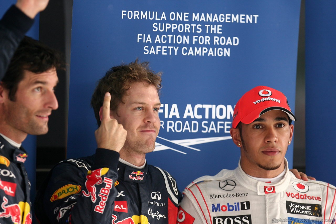 GP INDIA, Qualifiche – 1st Sebastian Vettel (GER), Red Bull Racing, 2nd Lewis Hamilton (GBR), McLaren Mercedes & 3rd Mark Webber (AUS), Red Bull Racing