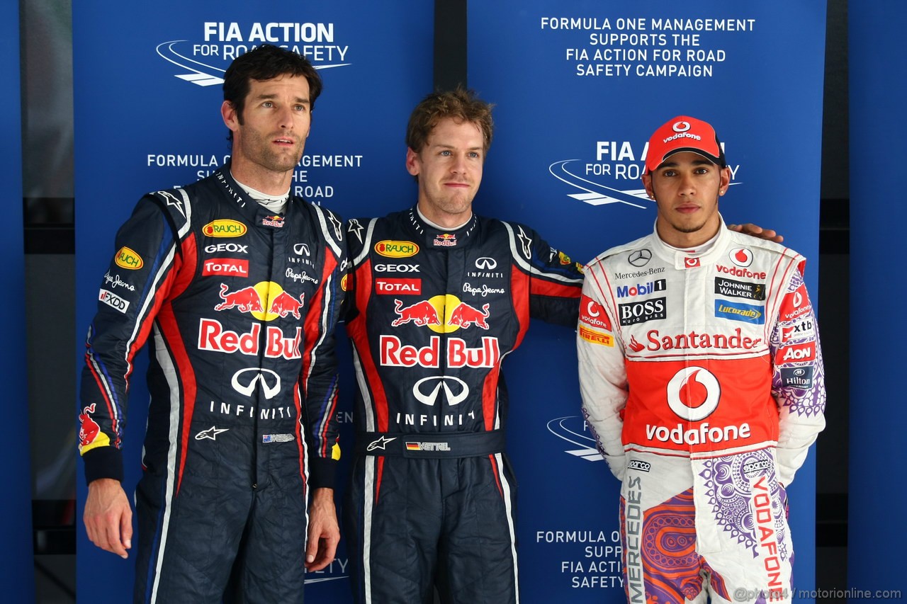 GP INDIA, Qualifiche � 1st Sebastian Vettel (GER), Red Bull Racing, 2nd Lewis Hamilton (GBR), McLaren Mercedes & 3rd Mark Webber (AUS), Red Bull Racing