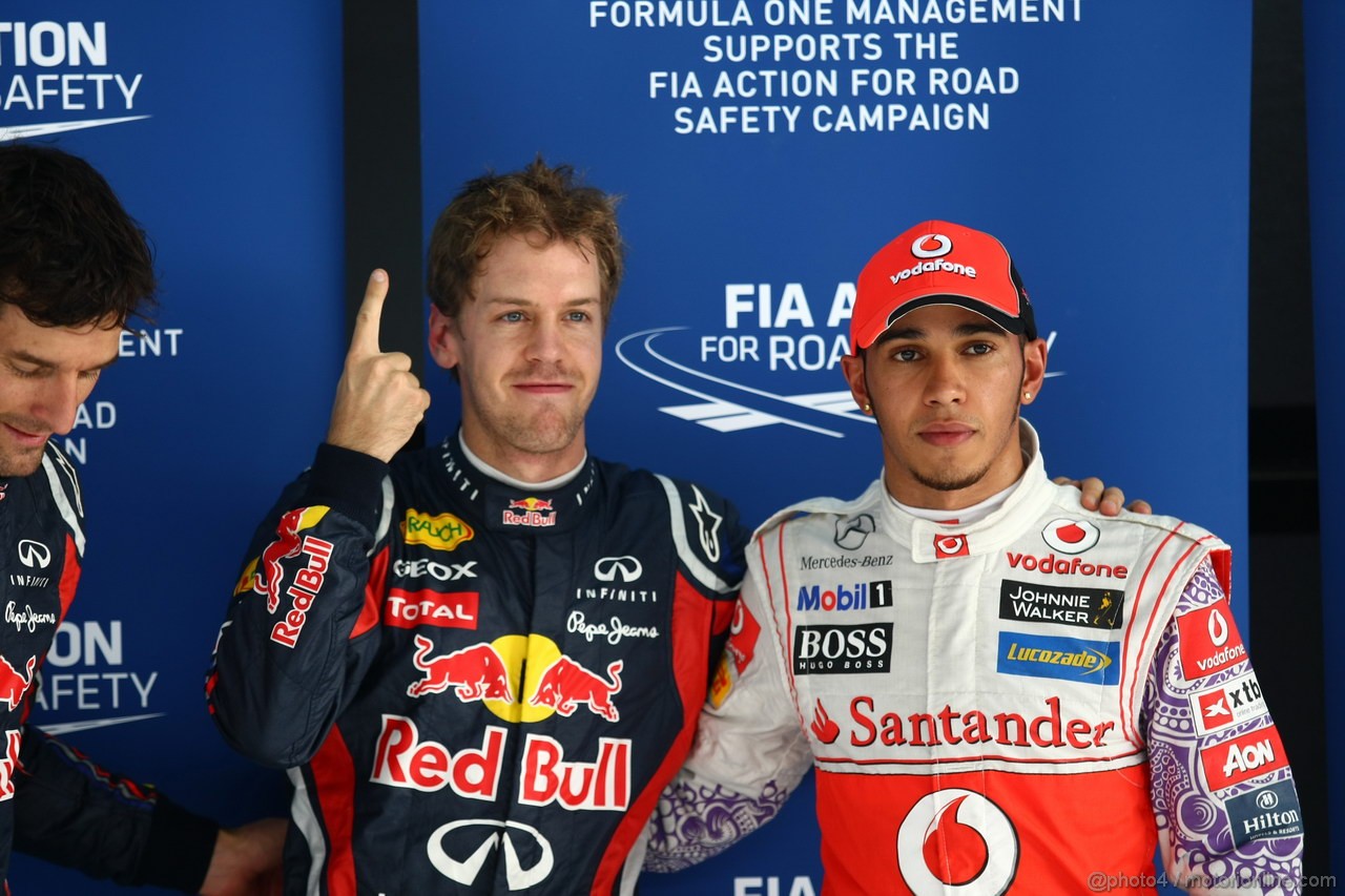 GP INDIA, Qualifiche � 1st Sebastian Vettel (GER), Red Bull Racing, 2nd Lewis Hamilton (GBR), McLaren Mercedes & 3rd Mark Webber (AUS), Red Bull Racing