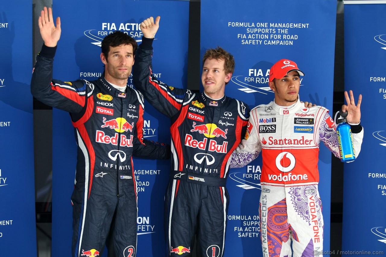 GP INDIA, Qualifiche – 1st Sebastian Vettel (GER), Red Bull Racing, 2nd Lewis Hamilton (GBR), McLaren Mercedes & 3rd Mark Webber (AUS), Red Bull Racing