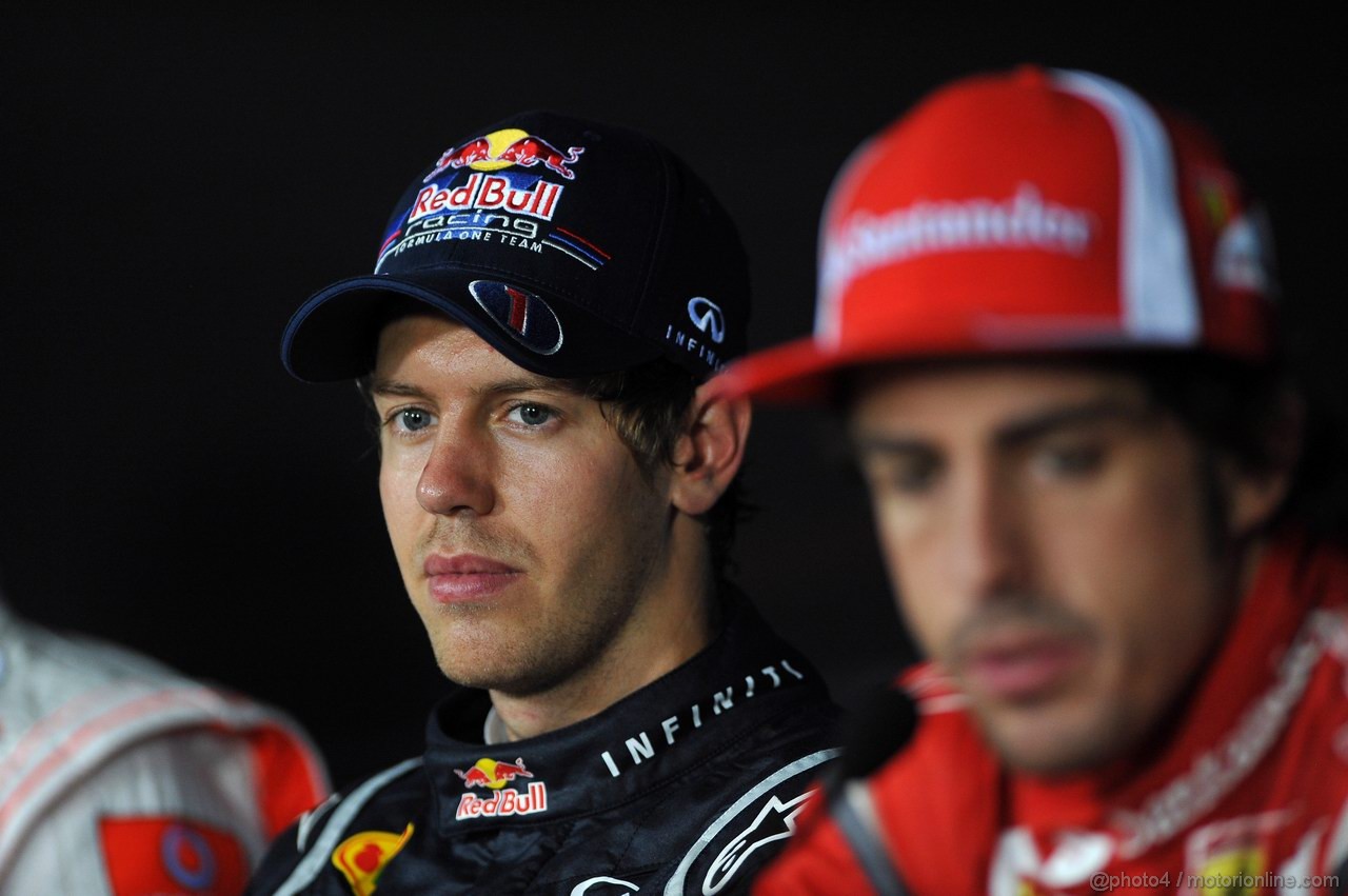 GP ITALIA, 11.09.2011- Gara, Conferenza Stampa, Sebastian Vettel (GER), Red Bull Racing, RB7 e Fernando Alonso (ESP), Ferrari, F-150 Italia 