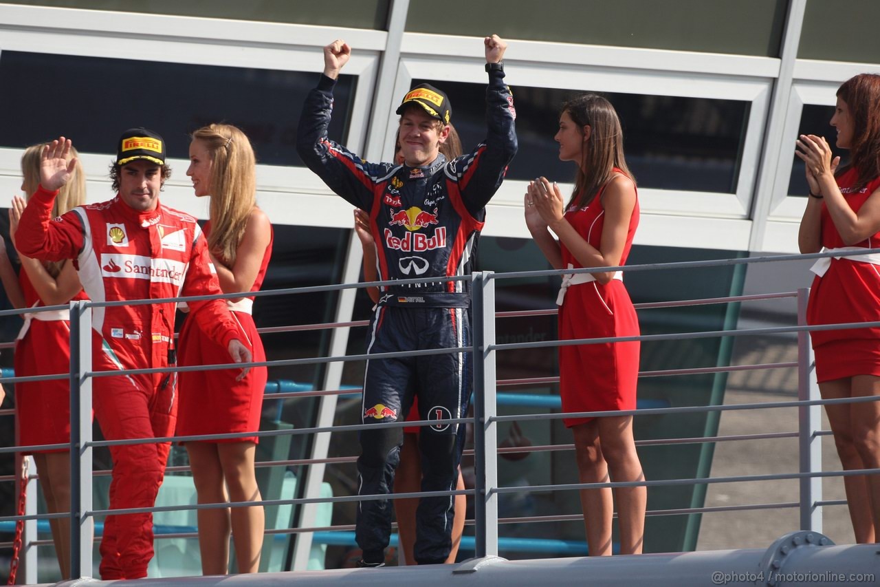 GP ITALIA, 11.09.2011- Gara, Sebastian Vettel (GER), Red Bull Racing, RB7 vincitore e Fernando Alonso (ESP), Ferrari, F-150 Italia terzo 