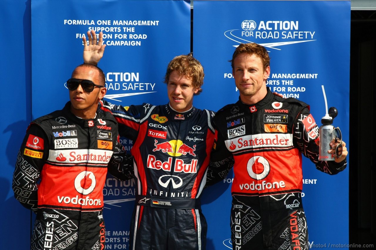 GP ITALIA, 10.09.2011- Qualifiche, Sebastian Vettel (GER), Red Bull Racing, RB7 pole position, Lewis Hamilton (GBR), McLaren  Mercedes, MP4-26 secondo e Jenson Button (GBR), McLaren  Mercedes, MP4-26 terzo 