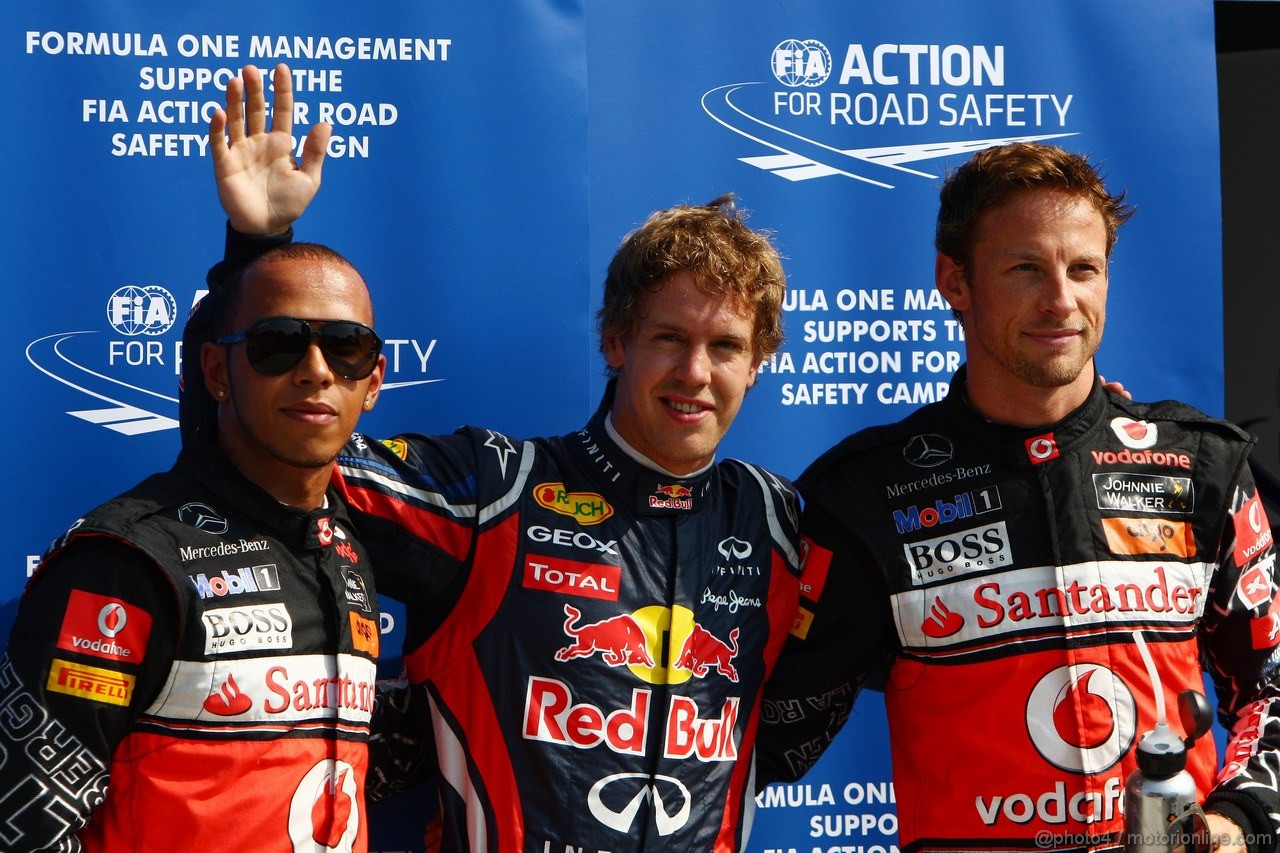 GP ITALIA, 10.09.2011- Qualifiche, Sebastian Vettel (GER), Red Bull Racing, RB7 pole position, Lewis Hamilton (GBR), McLaren  Mercedes, MP4-26 secondo e Jenson Button (GBR), McLaren  Mercedes, MP4-26 terzo 