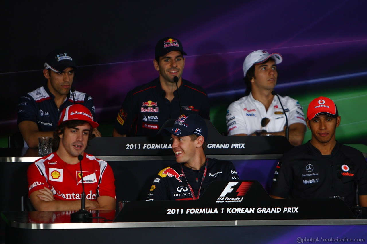GP KOREA, 13.10.2011- Conferenza Stampa, Pastor Maldonado (VEN), Williams FW33, Jaime Alguersuari (SPA), Scuderia Toro Rosso, STR6, Sergio P�rez (MEX), Sauber F1 Team C30, Fernando Alonso (ESP), Ferrari, F-150 Italia, Sebastian Vettel (GER), Red Bull Racing, RB7 e Lewis Hamilton (GBR), McLaren  Mercedes, MP4-26 
