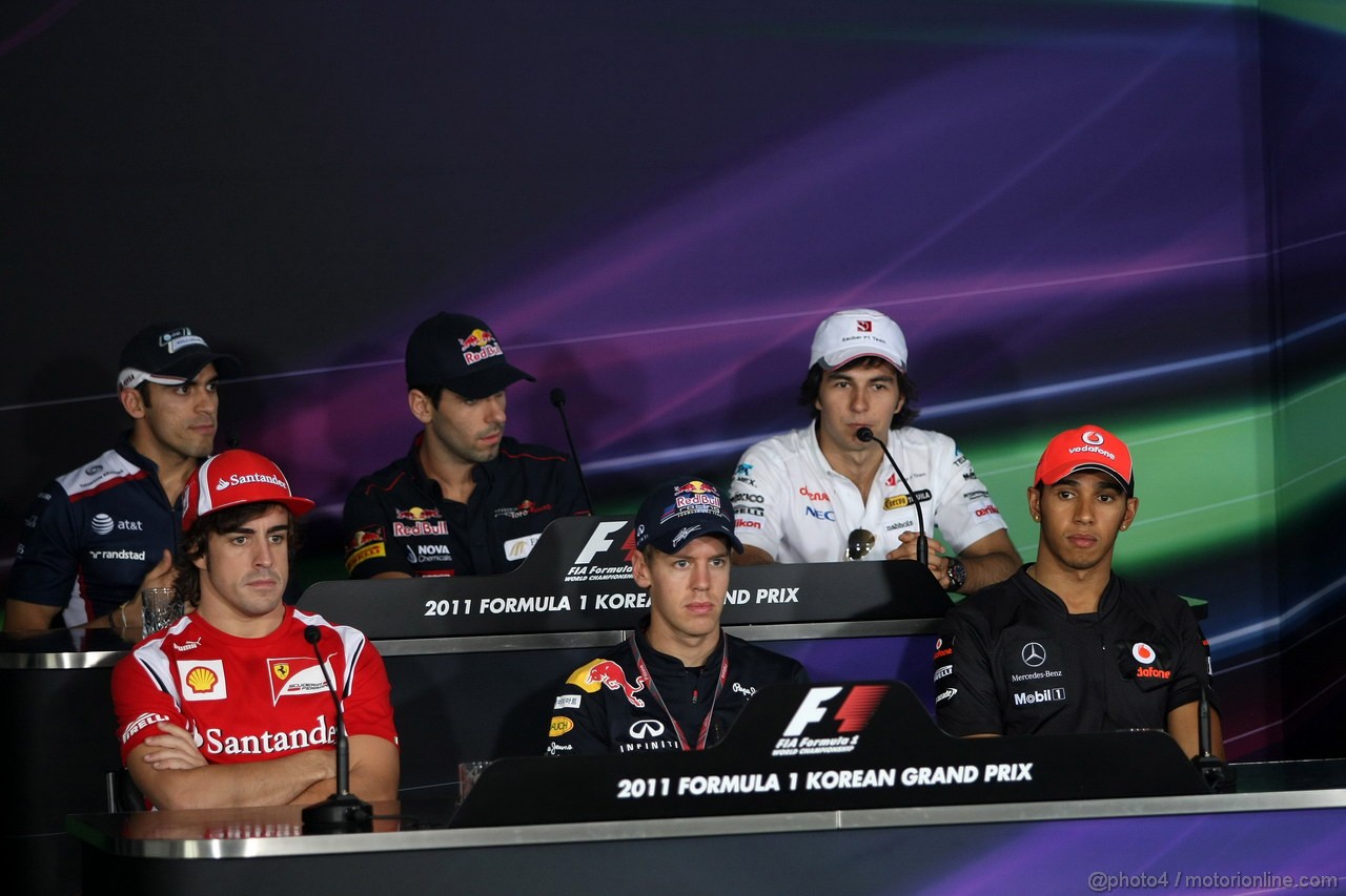 GP KOREA, 13.10.2011- Conferenza Stampa, Pastor Maldonado (VEN), Williams FW33, Jaime Alguersuari (SPA), Scuderia Toro Rosso, STR6, Sergio P�rez (MEX), Sauber F1 Team C30, Fernando Alonso (ESP), Ferrari, F-150 Italia, Sebastian Vettel (GER), Red Bull Racing, RB7 e Lewis Hamilton (GBR), McLaren  Mercedes, MP4-26 
