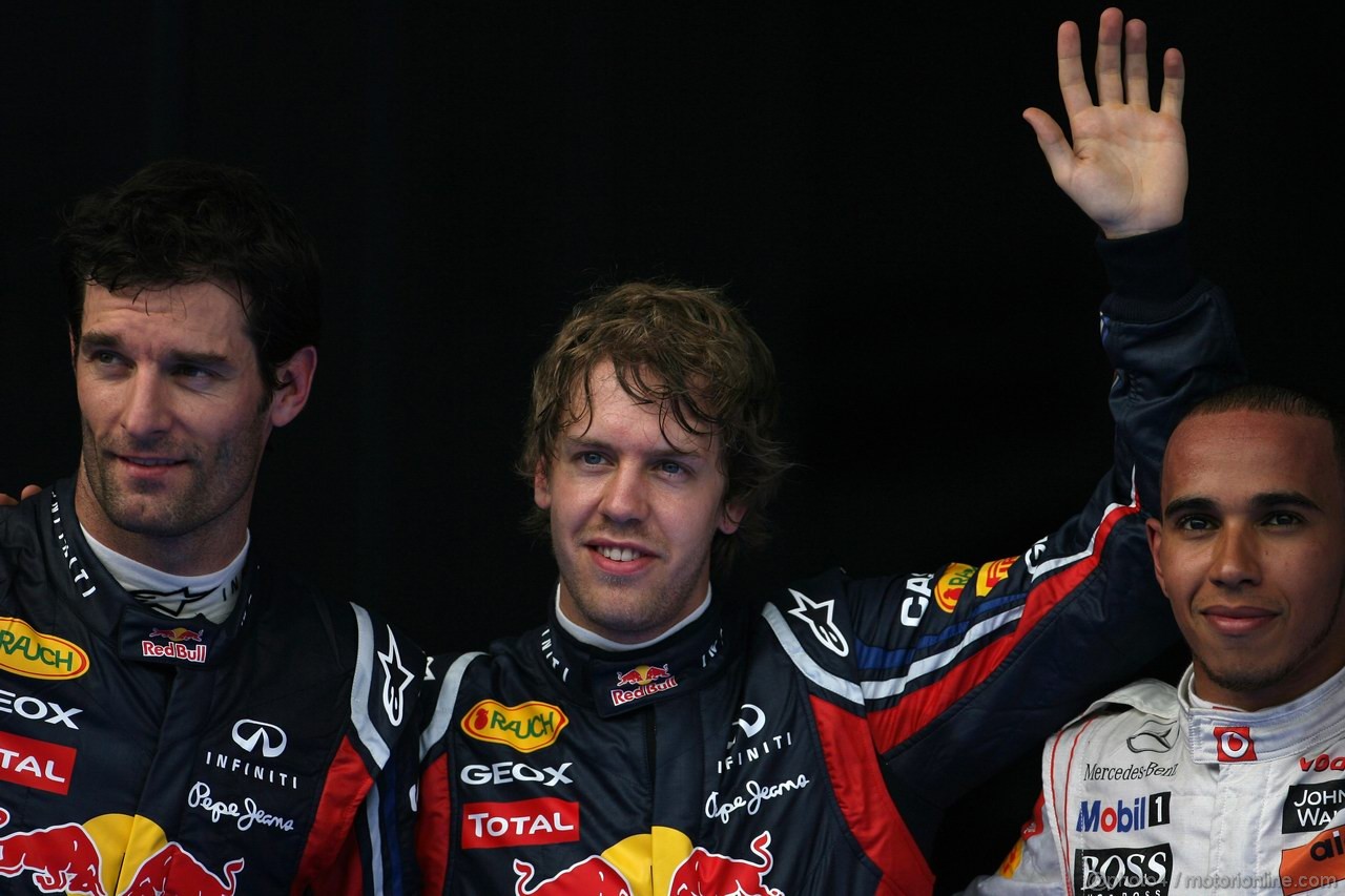 GP MALESIA, 09.04.2011- Qualifiche, Mark Webber (AUS), Red Bull Racing, RB7 terzo, Sebastian Vettel (GER), Red Bull Racing, RB7 pole position, Lewis Hamilton (GBR), McLaren  Mercedes, MP4-26 secondo e Mark Webber (AUS), Red Bull Racing, RB7 terzo 
