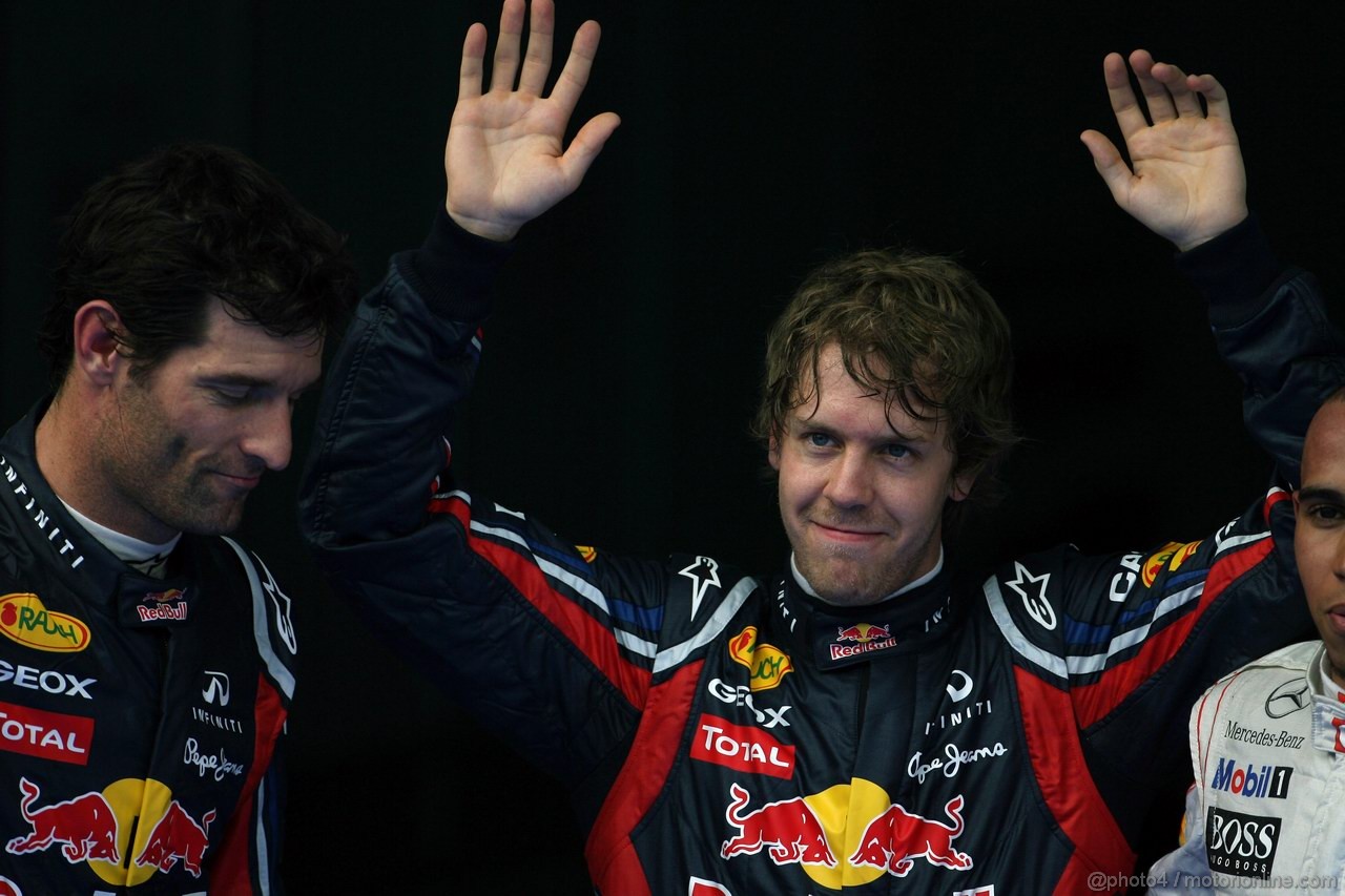 GP MALESIA, 09.04.2011- Qualifiche, Sebastian Vettel (GER), Red Bull Racing, RB7 pole position, Lewis Hamilton (GBR), McLaren  Mercedes, MP4-26 secondo e Mark Webber (AUS), Red Bull Racing, RB7 terzo 