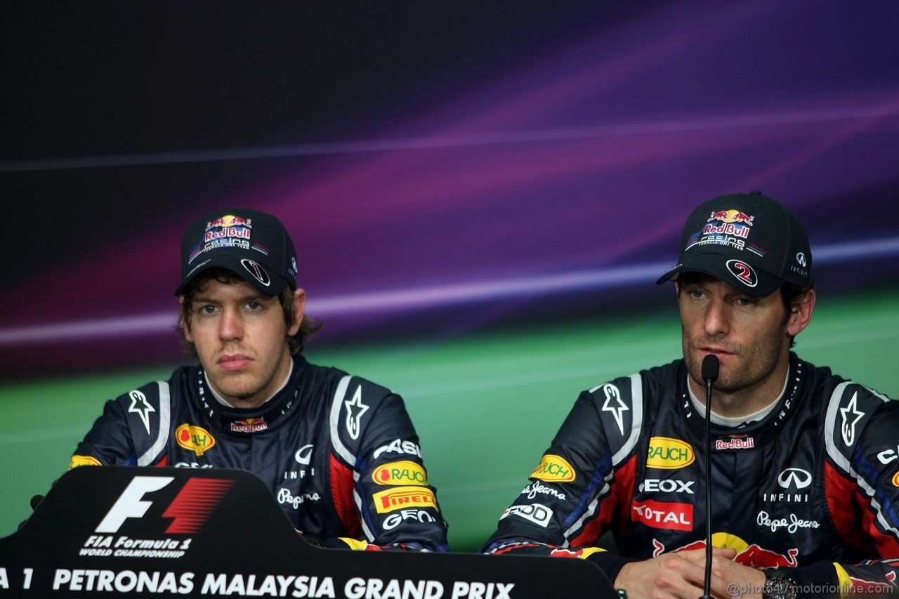 GP MALESIA, 09.04.2011- Qualifiche, Conferenza Stampa, Sebastian Vettel (GER), Red Bull Racing, RB7 pole position e Mark Webber (AUS), Red Bull Racing, RB7 terzo 