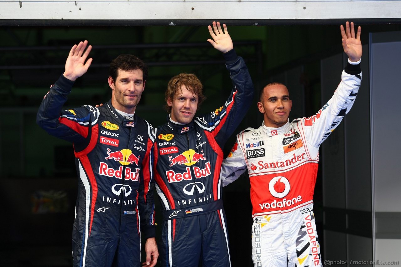 GP MALESIA, 09.04.2011- Qualifiche, Mark Webber (AUS), Red Bull Racing, RB7 terzo, Sebastian Vettel (GER), Red Bull Racing, RB7 pole position, Lewis Hamilton (GBR), McLaren  Mercedes, MP4-26 secondo e Mark Webber (AUS), Red Bull Racing, RB7 terzo 