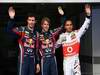 GP MALESIA, 09.04.2011- Qualifiche, Mark Webber (AUS), Red Bull Racing, RB7 terzo, Sebastian Vettel (GER), Red Bull Racing, RB7 pole position, Lewis Hamilton (GBR), McLaren  Mercedes, MP4-26 secondo e Mark Webber (AUS), Red Bull Racing, RB7 terzo