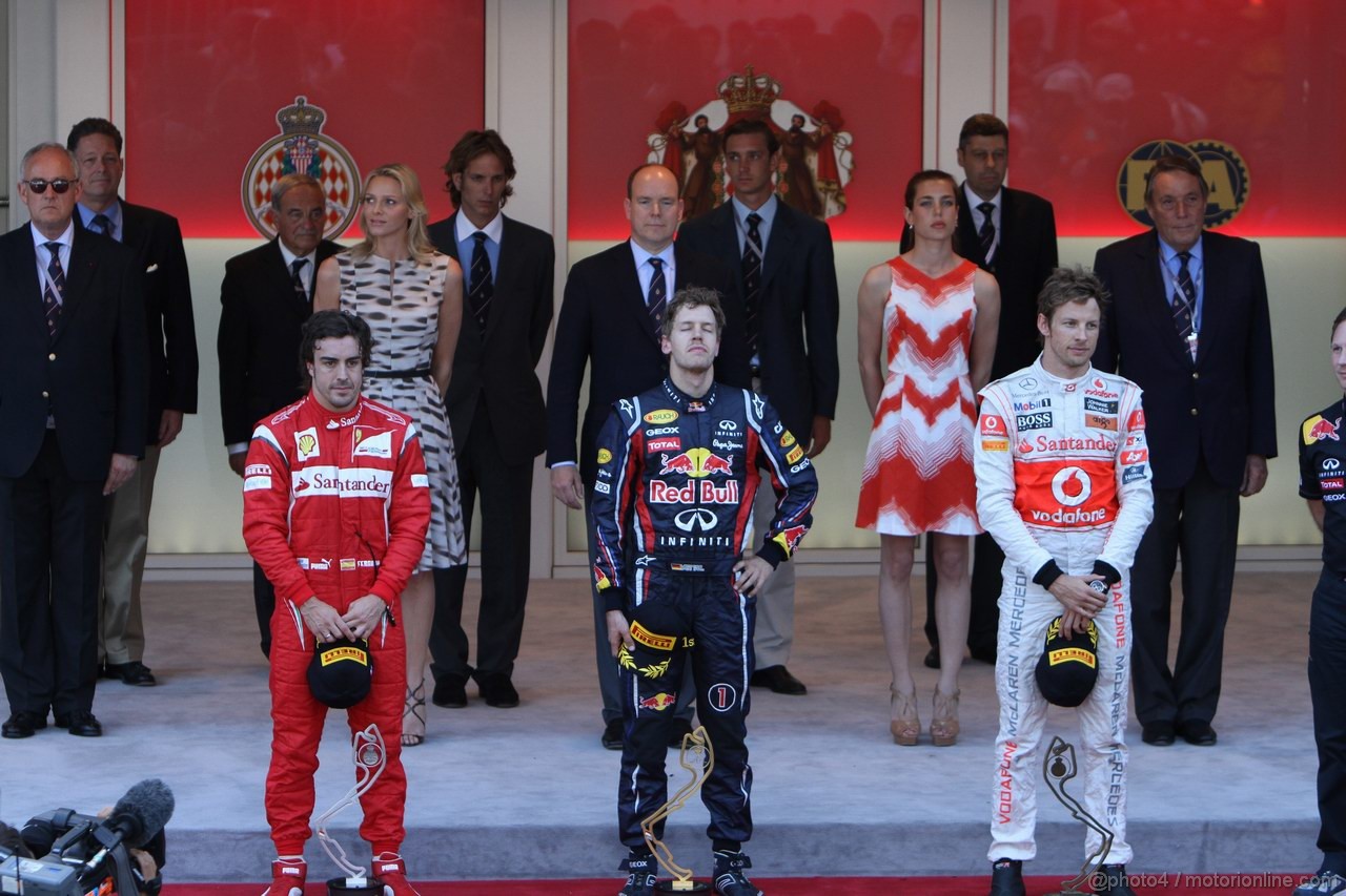 GP MONACO, 29.05.2011- Gara, Sebastian Vettel (GER), Red Bull Racing, RB7 vincitore, Fernando Alonso (ESP), Ferrari, F-150 Italia secondo e Jenson Button (GBR), McLaren  Mercedes, MP4-26 terzo 