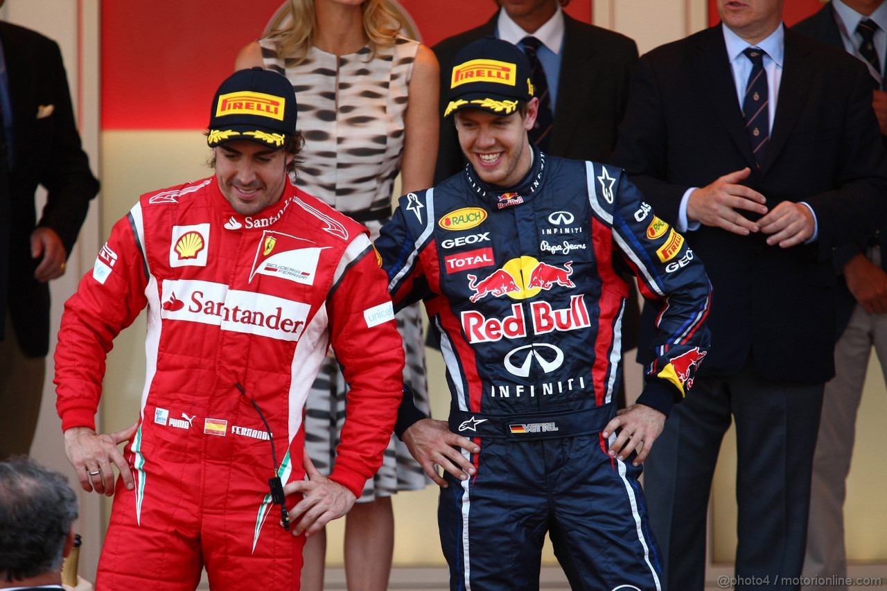 GP MONACO, 29.05.2011- Gara, Sebastian Vettel (GER), Red Bull Racing, RB7 vincitore e Fernando Alonso (ESP), Ferrari, F-150 Italia secondo 