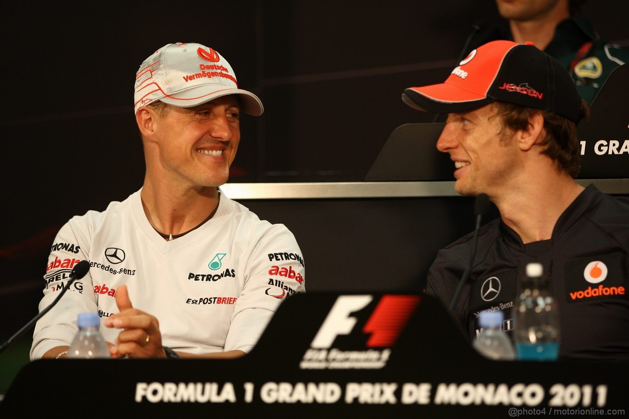 GP MONACO, 25.05.2011- Conferenza Stampa, Michael Schumacher (GER), Mercedes GP Petronas F1 Team, MGP W02 e Jenson Button (GBR), McLaren  Mercedes, MP4-26 
