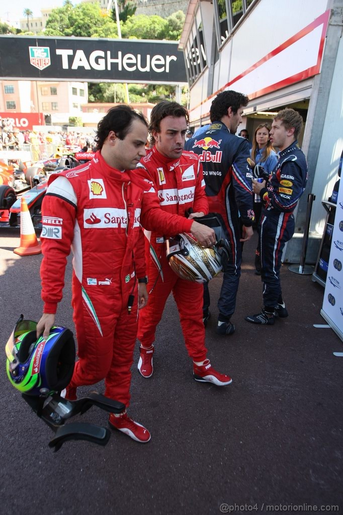 GP MONACO, 28.05.2011- Qualifiche, Felipe Massa (BRA), Ferrari, F-150 Italia, Fernando Alonso (ESP), Ferrari, F-150 Italia e Sebastian Vettel (GER), Red Bull Racing, RB7 e Mark Webber (AUS), Red Bull Racing, RB7 