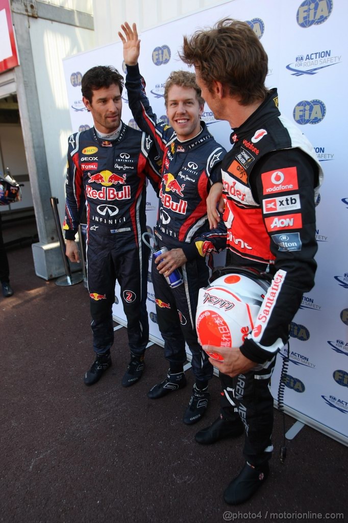 GP MONACO, 28.05.2011- Qualifiche, Sebastian Vettel (GER), Red Bull Racing, RB7 pole position, Jenson Button (GBR), McLaren  Mercedes, MP4-26 secondo e Mark Webber (AUS), Red Bull Racing, RB7 terzo 