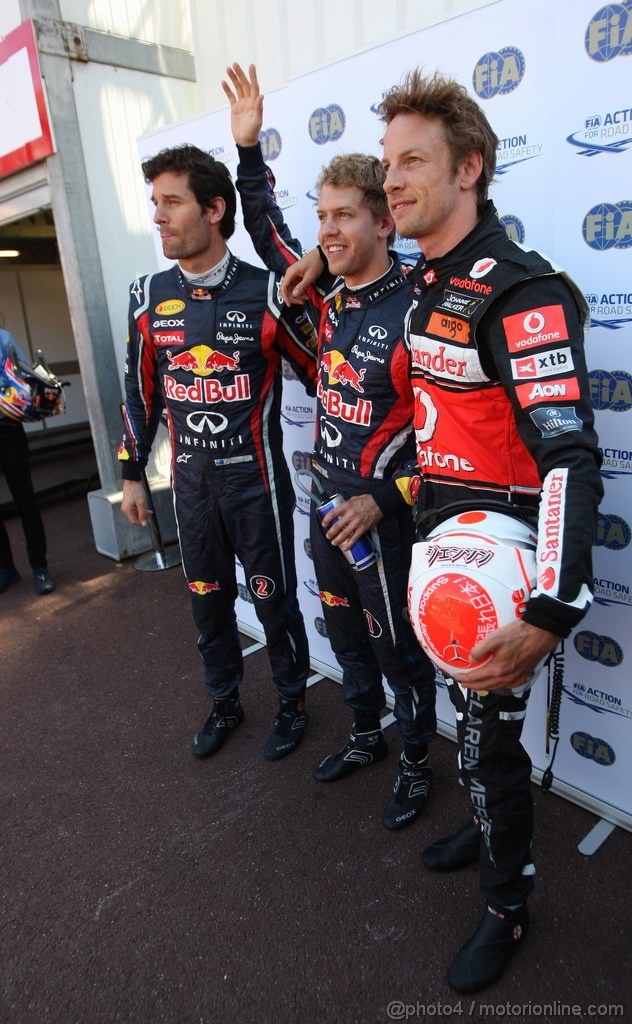 GP MONACO, 28.05.2011- Qualifiche, Sebastian Vettel (GER), Red Bull Racing, RB7 pole position, Jenson Button (GBR), McLaren  Mercedes, MP4-26 secondo e Mark Webber (AUS), Red Bull Racing, RB7 terzo 
