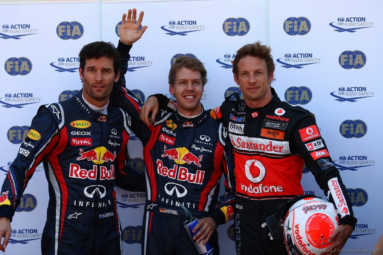 GP MONACO, 28.05.2011- Qualifiche, Sebastian Vettel (GER), Red Bull Racing, RB7 pole position, Jenson Button (GBR), McLaren  Mercedes, MP4-26 secondo e Mark Webber (AUS), Red Bull Racing, RB7 terzo 