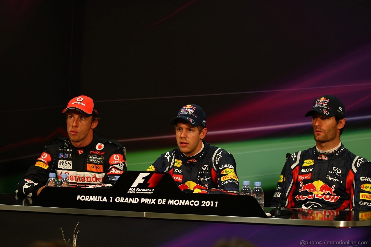 GP MONACO, 28.05.2011- Qualifiche, Conferenza Stampa, Jenson Button (GBR), McLaren  Mercedes, MP4-26, Sebastian Vettel (GER), Red Bull Racing, RB7 e Mark Webber (AUS), Red Bull Racing, RB7 