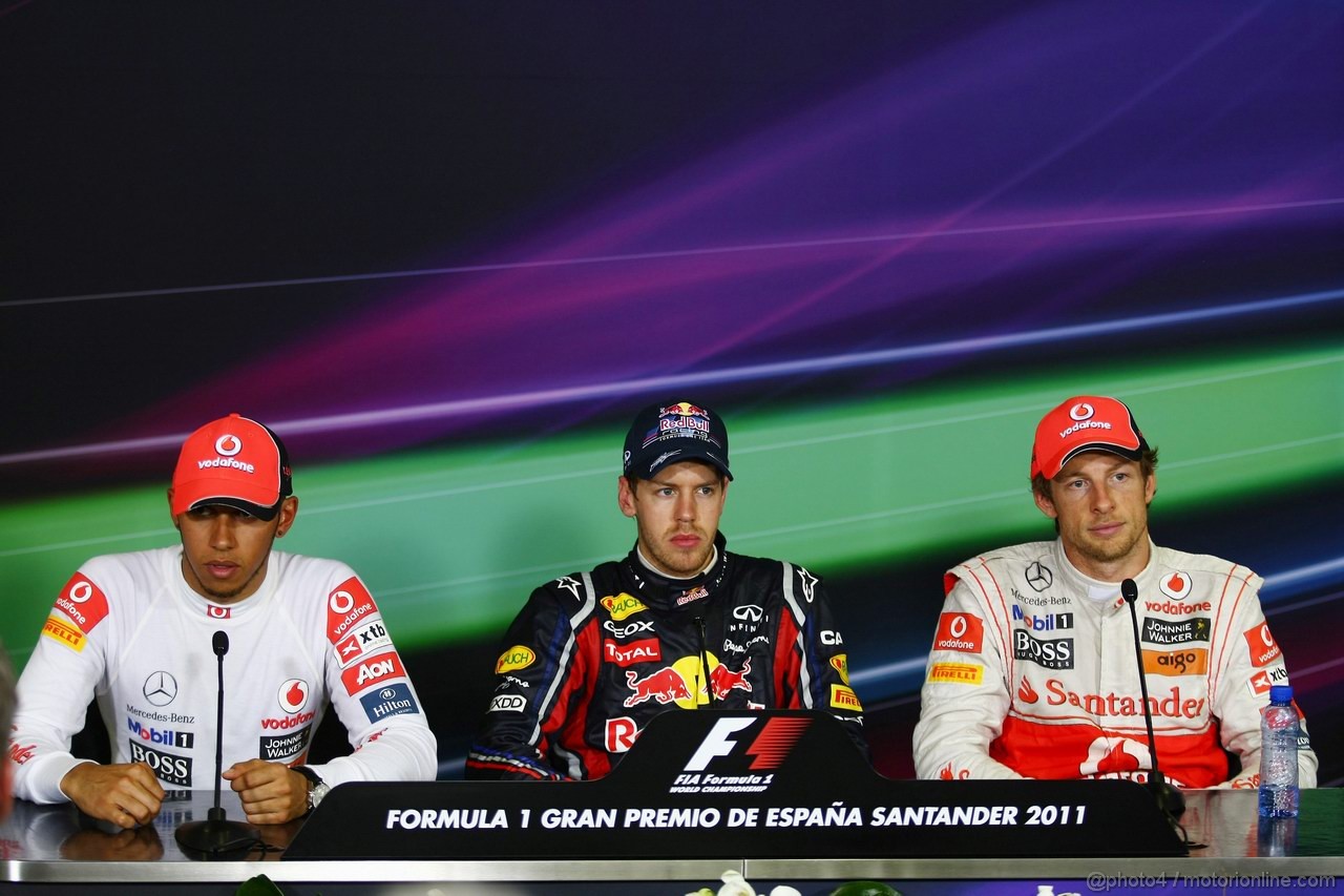 GP SPAGNA, 22.05.2011- Gara, Conferenza Stampa, Sebastian Vettel (GER), Red Bull Racing, RB7 vincitore, Lewis Hamilton (GBR), McLaren  Mercedes, MP4-26 secondo e Jenson Button (GBR), McLaren  Mercedes, MP4-26 terzo 