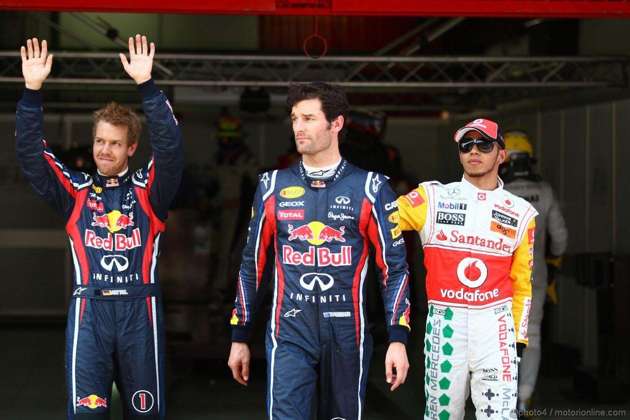 GP SPAGNA, 21.05.2011- Qualifiche, Sebastian Vettel (GER), Red Bull Racing, RB7 secondo, Mark Webber (AUS), Red Bull Racing, RB7 pole position e Lewis Hamilton (GBR), McLaren  Mercedes, MP4-26 terzo 