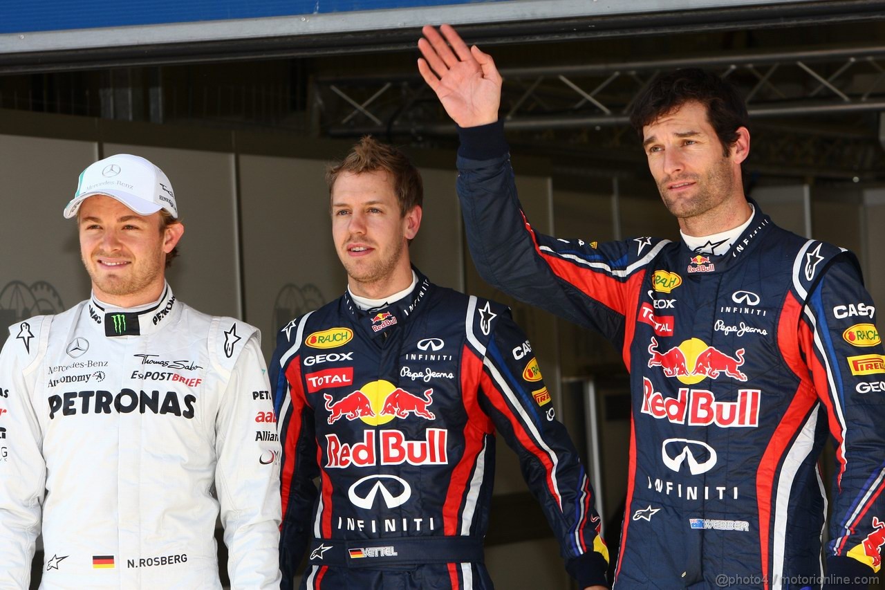 GP TURCHIA, 07.05.2011- Qualifiche, Sebastian Vettel (GER), Red Bull Racing, RB7 pole position, Mark Webber (AUS), Red Bull Racing, RB7 secondo e Nico Rosberg (GER), Mercedes GP Petronas F1 Team, MGP W02 terzo 