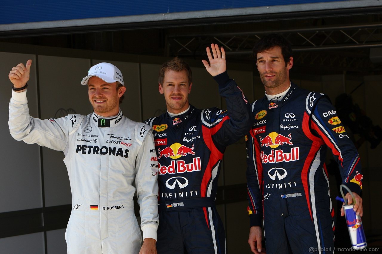 GP TURCHIA, 07.05.2011- Qualifiche, Sebastian Vettel (GER), Red Bull Racing, RB7 pole position, Mark Webber (AUS), Red Bull Racing, RB7 secondo e Nico Rosberg (GER), Mercedes GP Petronas F1 Team, MGP W02 terzo 