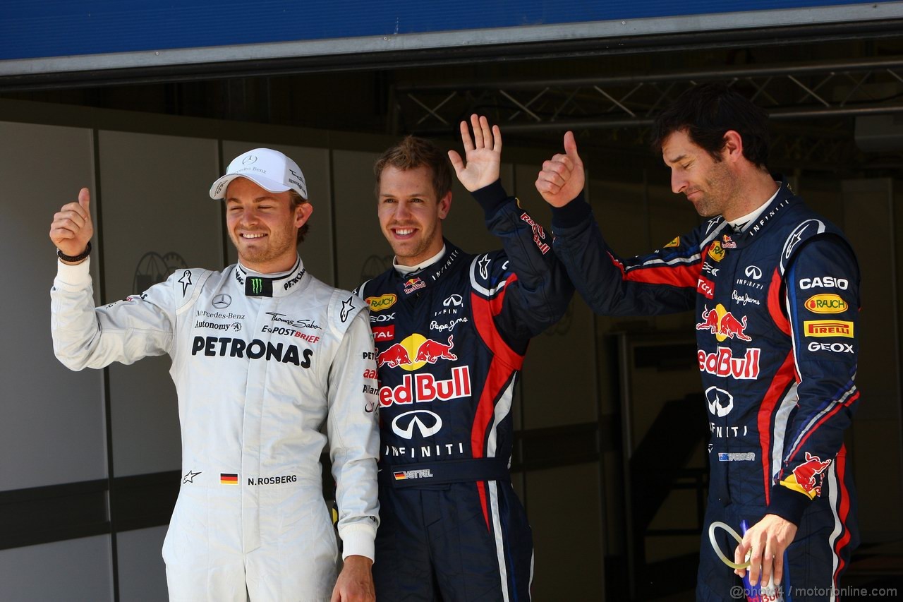 GP TURCHIA, 07.05.2011- Qualifiche, Sebastian Vettel (GER), Red Bull Racing, RB7 pole position, Mark Webber (AUS), Red Bull Racing, RB7 secondo e Nico Rosberg (GER), Mercedes GP Petronas F1 Team, MGP W02 terzo 